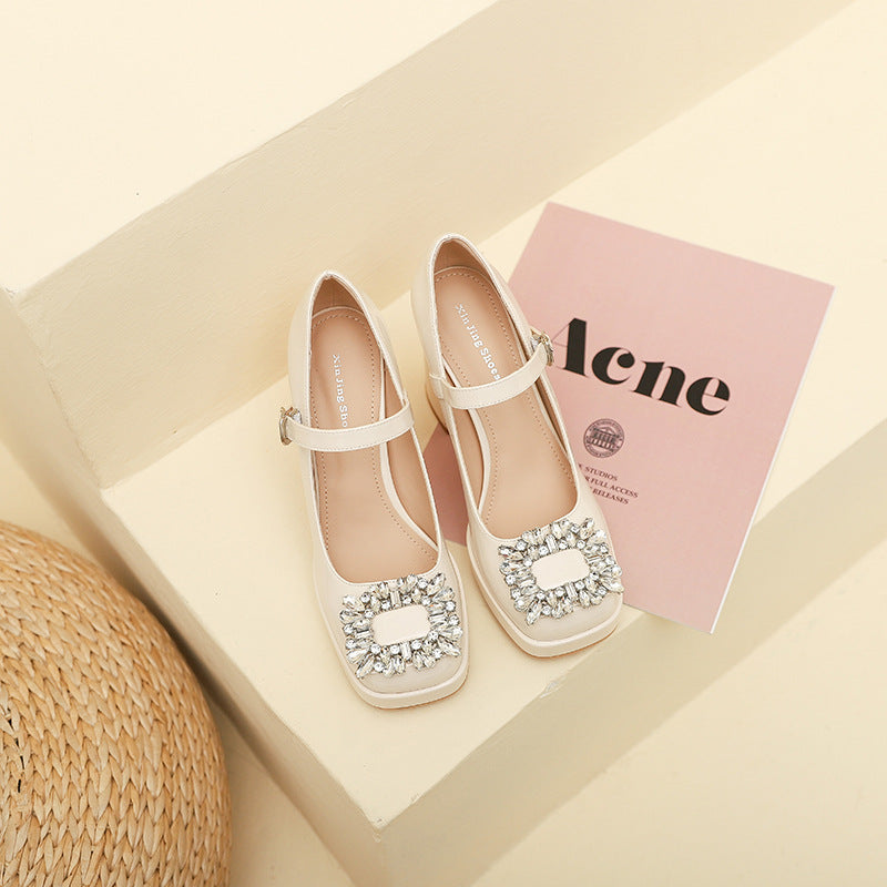 Women's Square Toe High Summer Buckle Rhinestone Chunky Women's Fashion Shoes