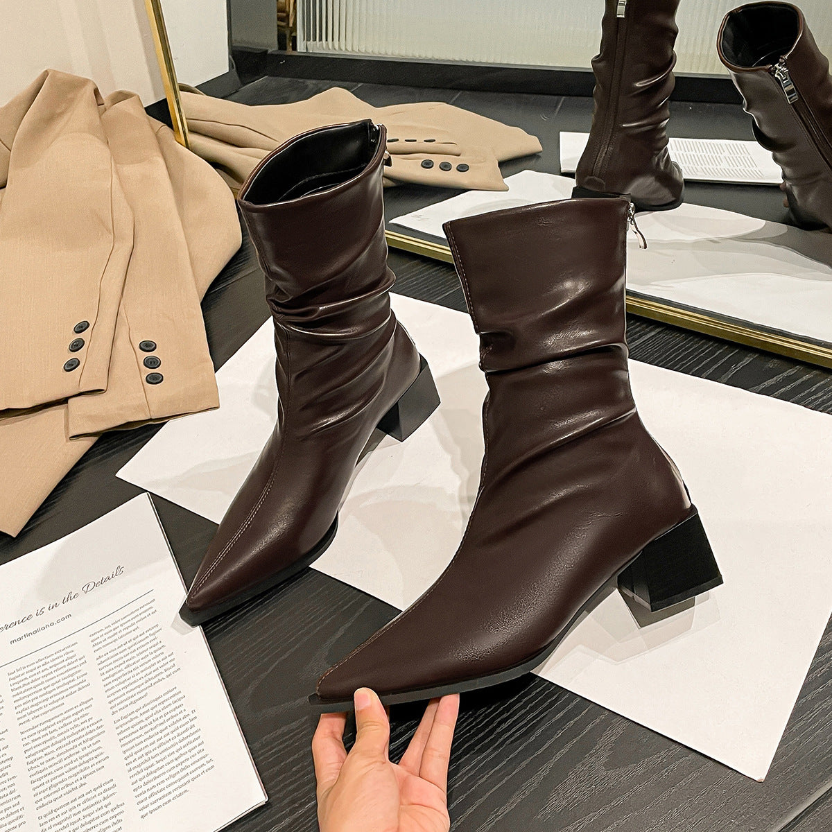 Women's British Style Pointed Toe Chunky Martin Boots