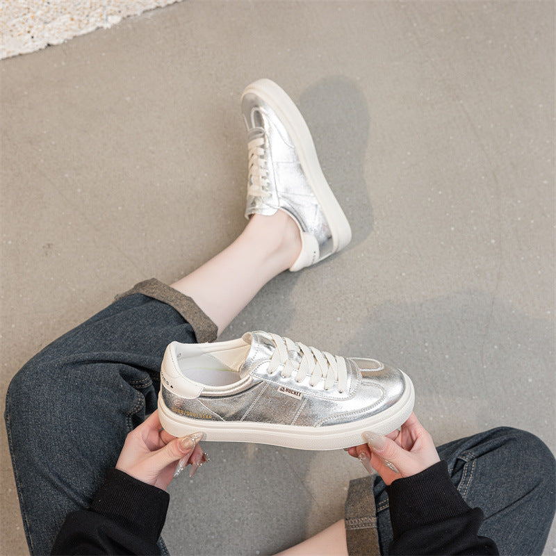 Women's Cowhide Flat Spring White Comfortable Versatile Sneakers