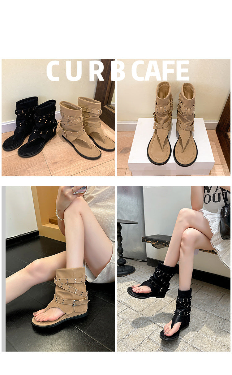 Women's Short Tube Summer Height Increasing Insole Rivet Pants Waste Boots