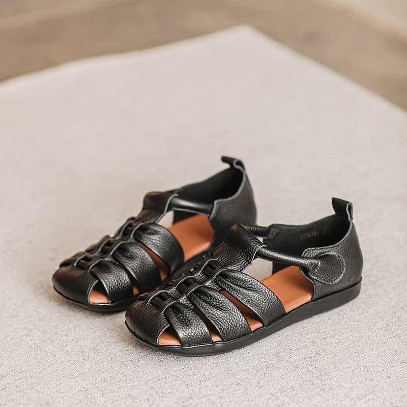 Women's Retro First Layer Cowhide Round Toe Sandals