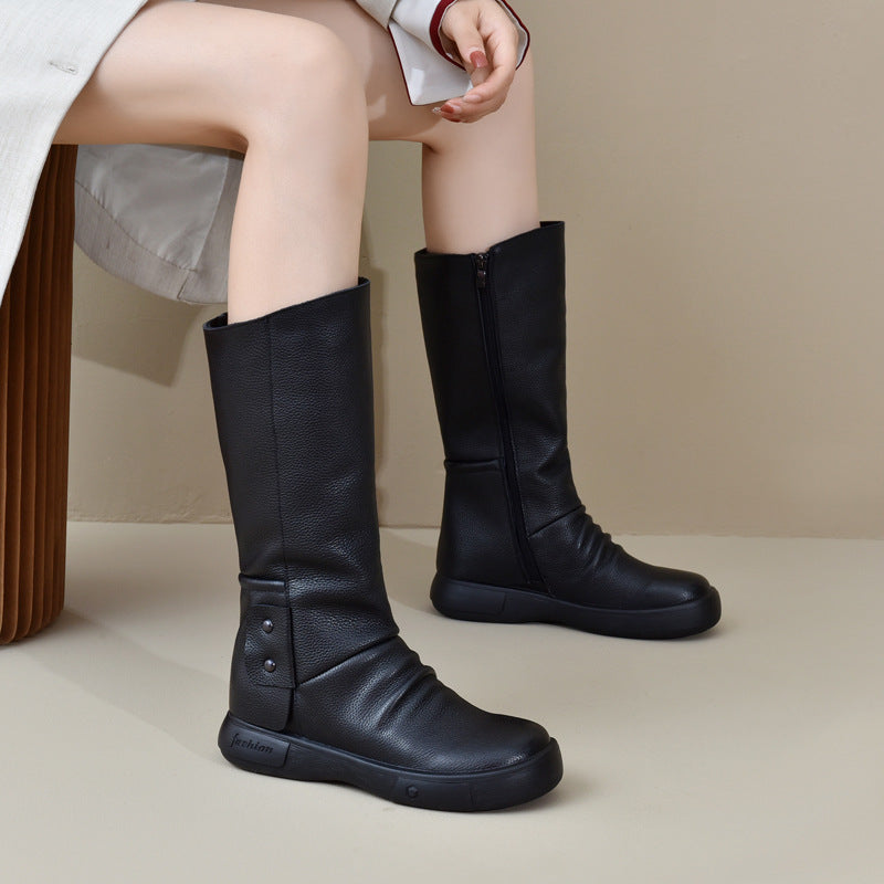 Women's Layer Cowhide Platform Knee-high Lace Up Boots