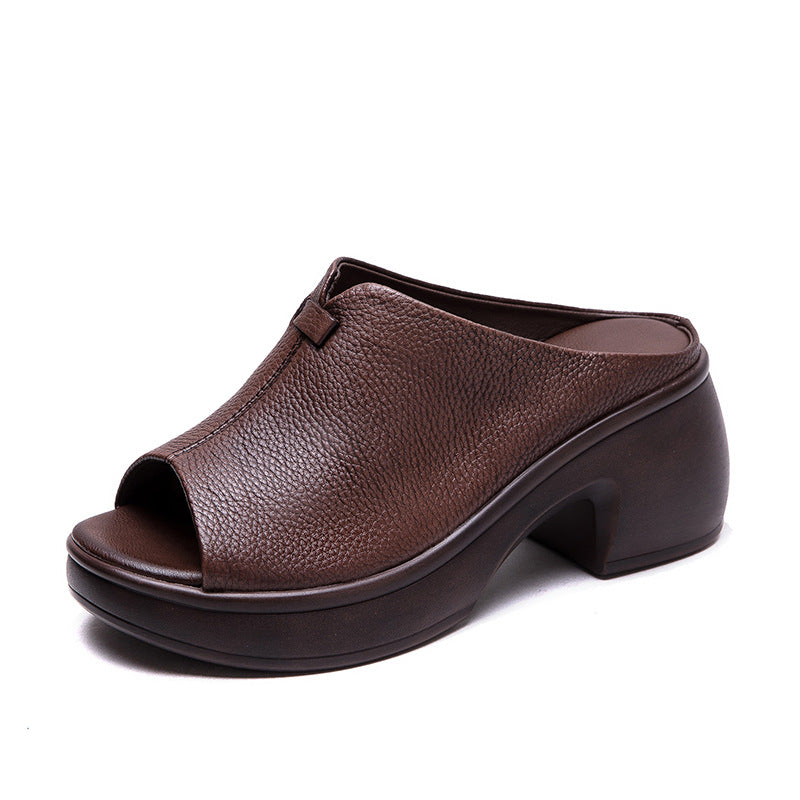 Women's Shu Summer Peep Toe Thick Bottom Top Layer Cowhide Slippers