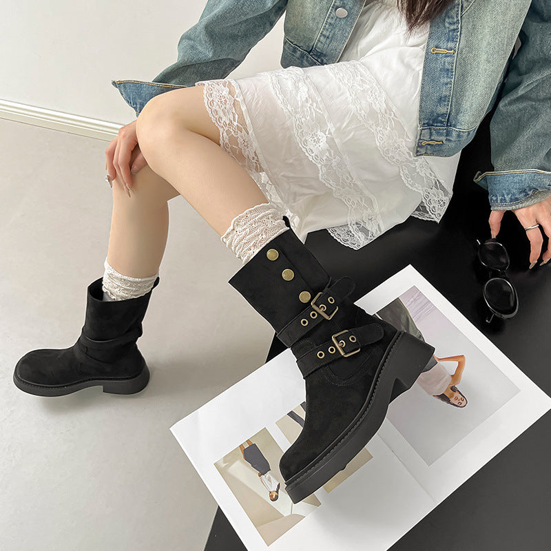 Women's Thick-soled British Style Martin Slim Pile Women's Leather Boots