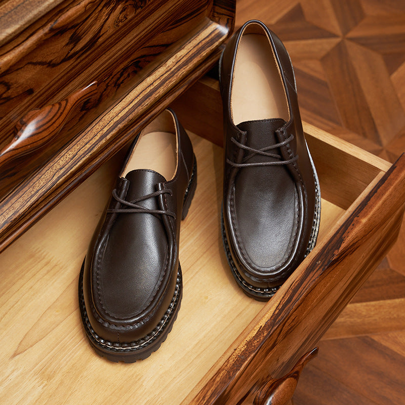 Style Low-cut Genuine Square Toe Laces Leather Shoes