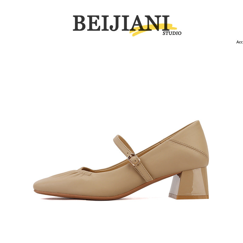 Women's Sheepskin Chunky Pumps Buckle Mary Jane Women's Fashion Shoes