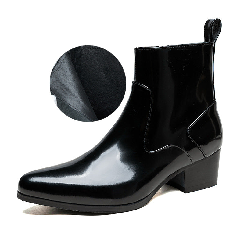 Men's Winter Black Pointed Genuine Elevator Zip Boots
