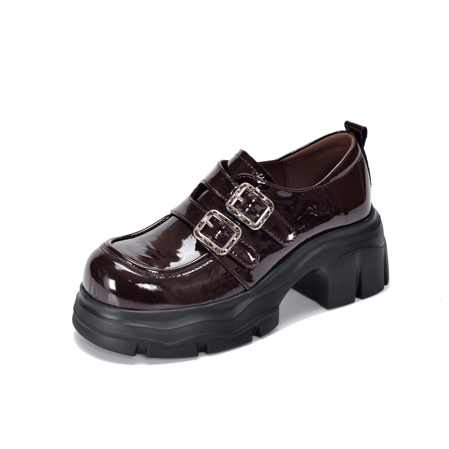 Women's Patent First Layer Cowhide Platform Double Buckle Commuter Round Loafers