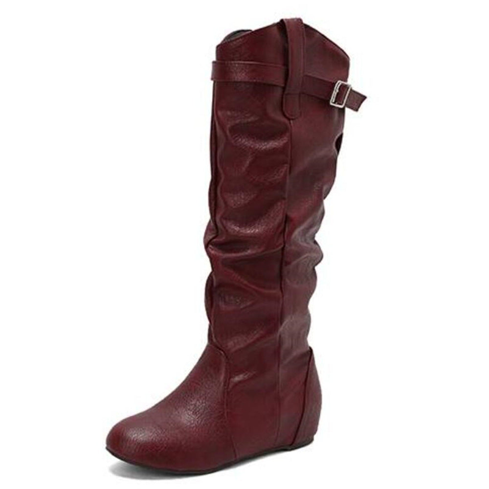 Women's Flat Solid Color Pleated Retro Boots