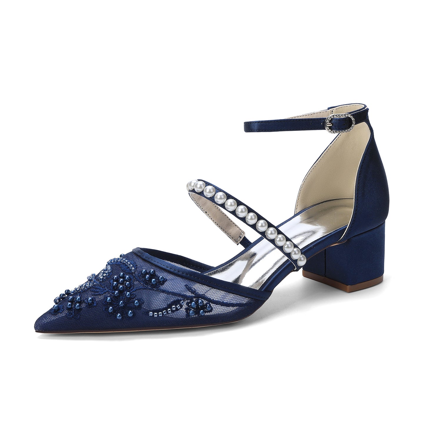 Women's Pointed Pearl Strap Embroidered Wedding Bridal Heels