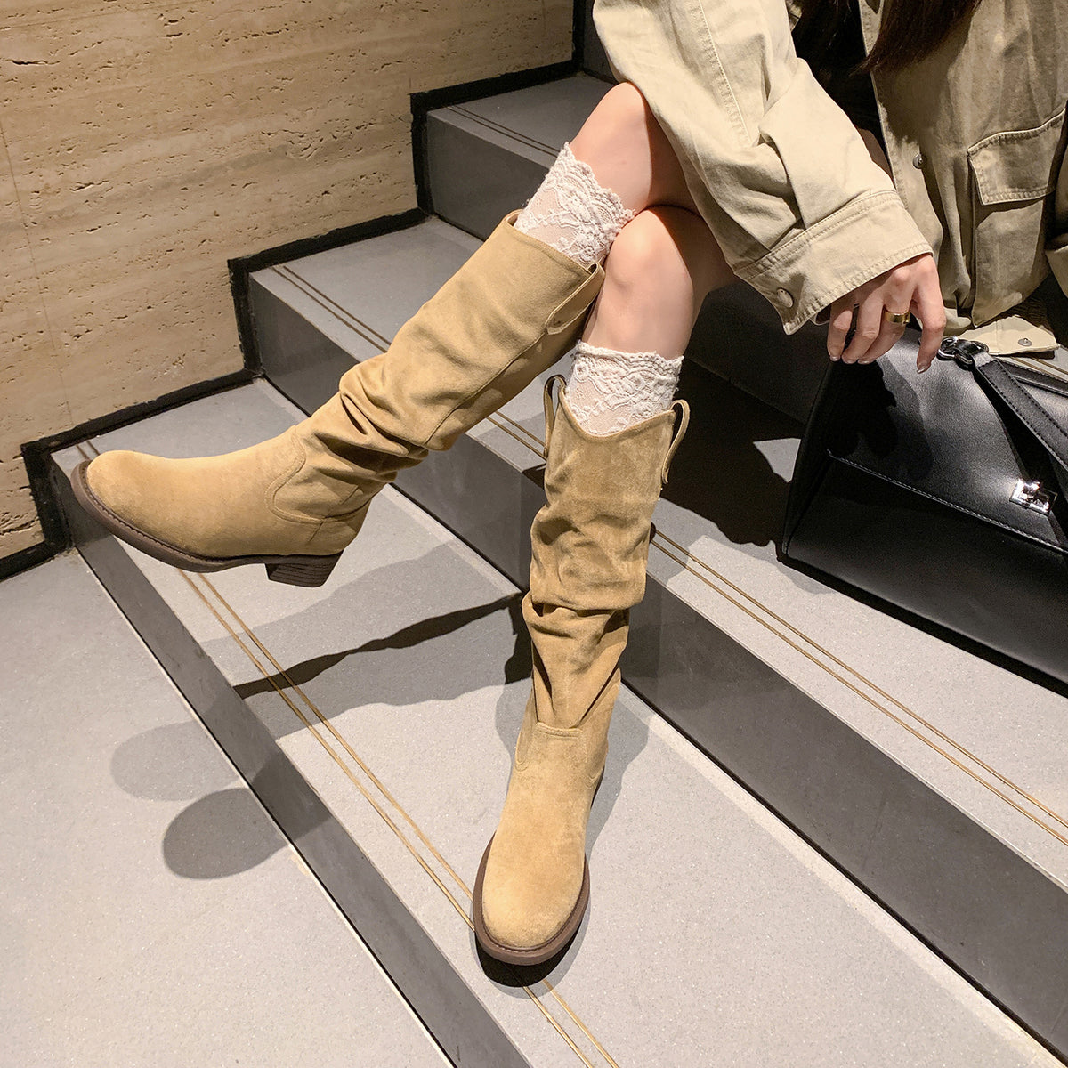 Women's Pleated Pile Style For Height Increasing Insole Chunky Western Cowboy Women's Leather Boots