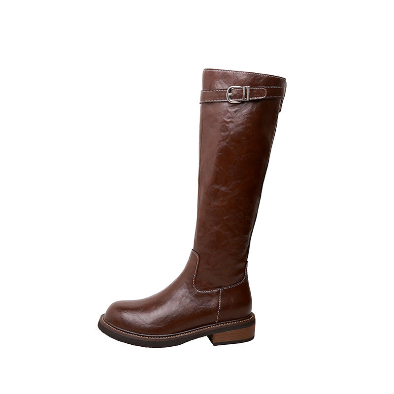 Washed Cowhide Thick Bottom Belt Buckle Tall Boots