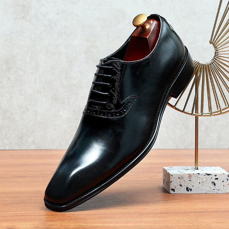 Men's Layer Cowhide Business Formal Wear Carved Genuine British Retro Leather Shoes