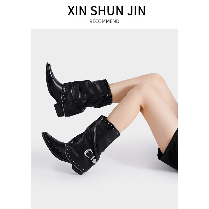 Pointed Toe Chunky Martin Rivet Chain Boots