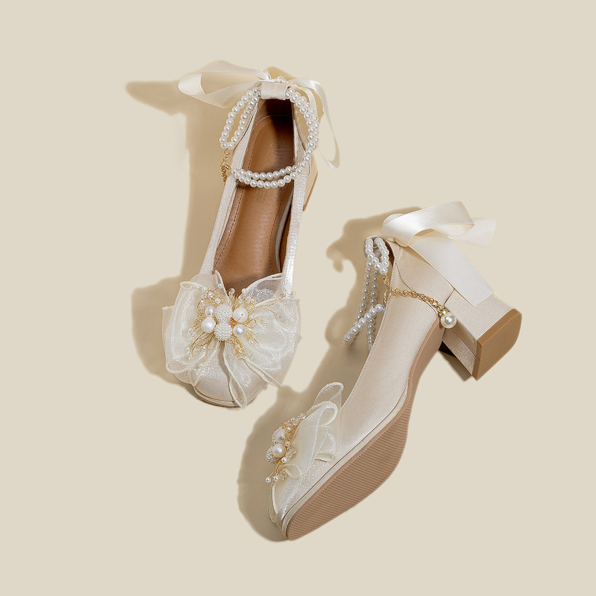 Women's Bridesmaid Pearl Square Toe Chain Satin Women's Shoes