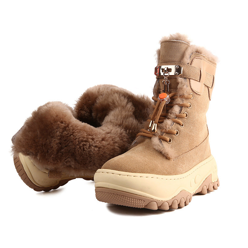 Women's Winter Fur Integrated Wool Fleece Lined Warm Snow Boots