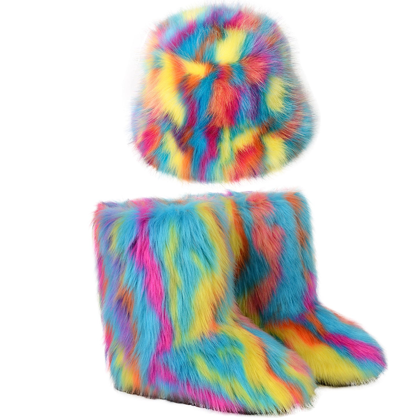 Women's Plush Suit Colorful Fur Bucket Hat Warm Snow Boots