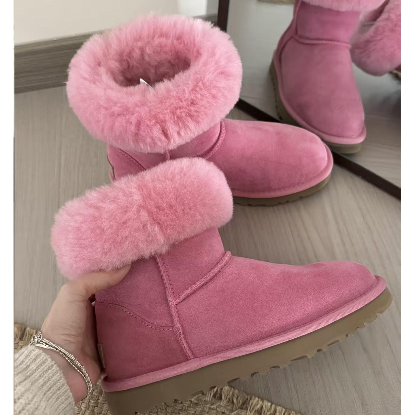 Women's Pink Platform Lamb Wool Veet Frosted Ankle Warm Women's Snow Boots