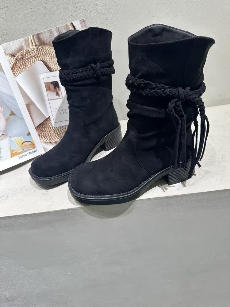 Children's Bottom Waste Retro Style Knight Genuine Matte Hemp Heels
