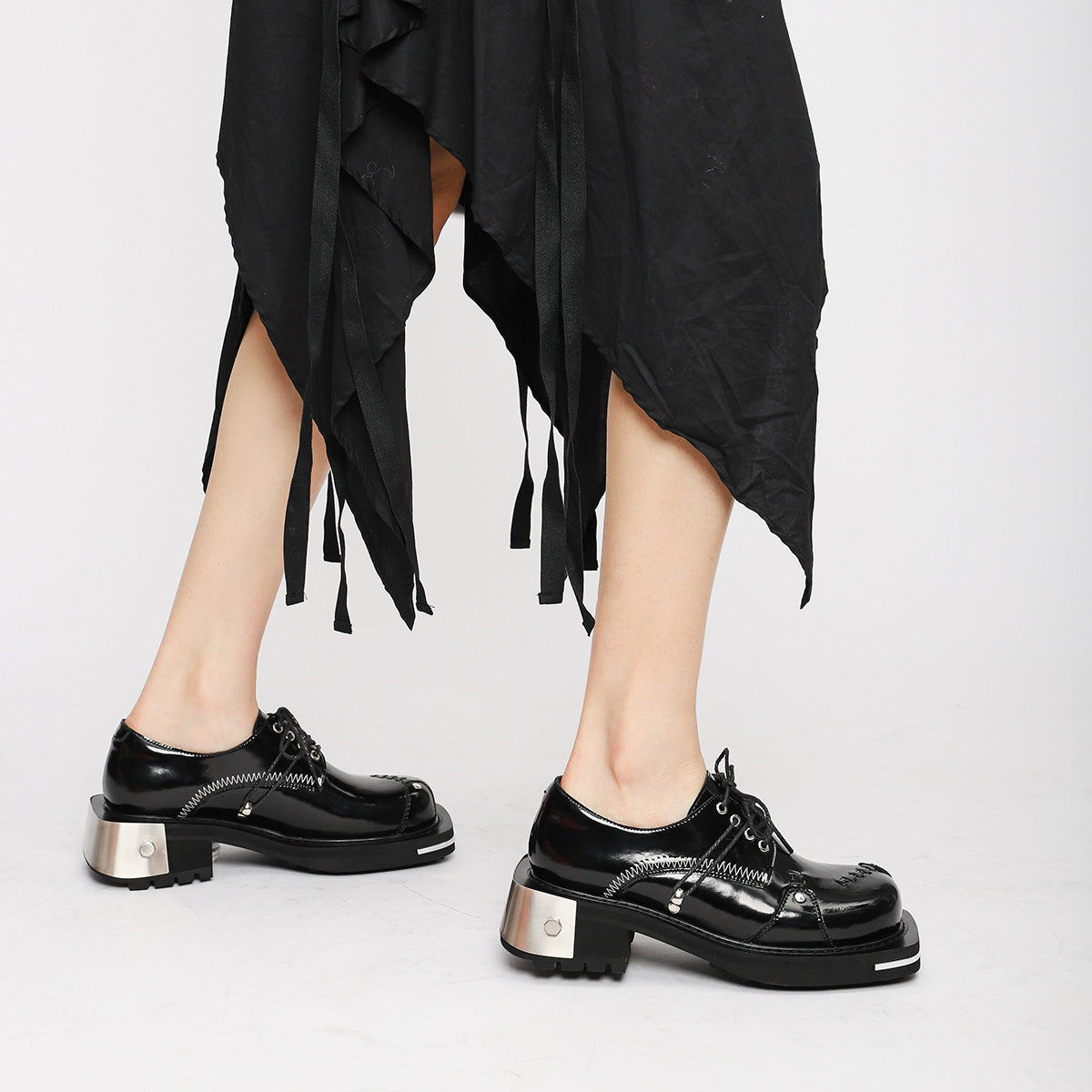 Metal Niche Retro Derby Platform Round Leather Shoes