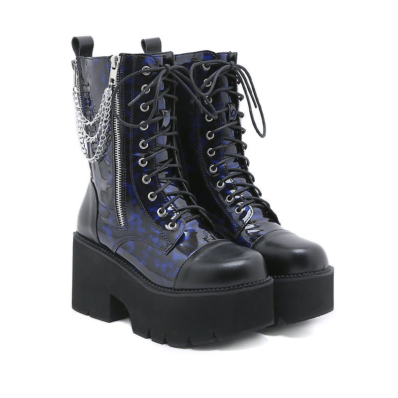 Women's Chunky Chain Platform Color Matching Martin Large Size Women's Leather Boots