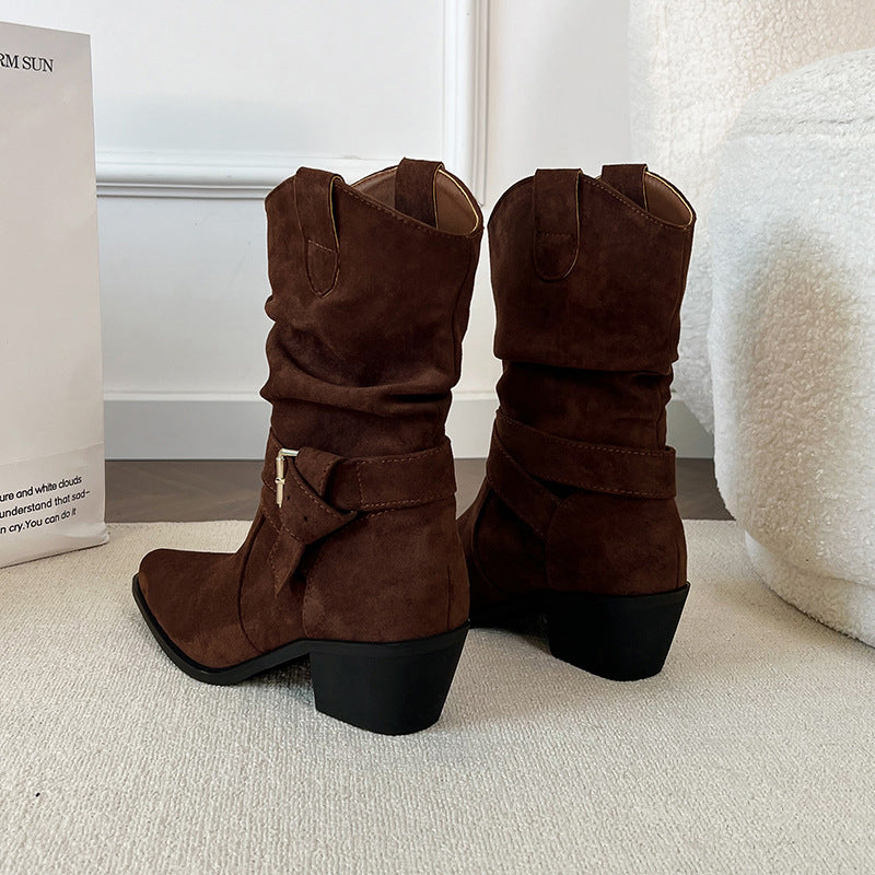 Women's Increasing Insole Version Chunky Western Cowboy High Slimming Women's Leather Boots