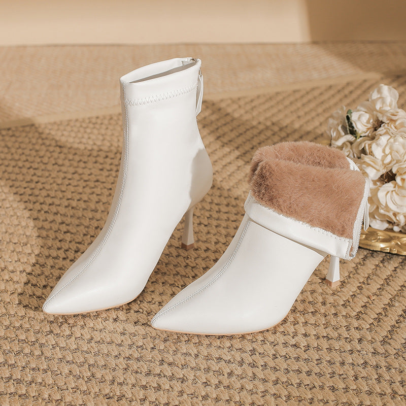 Women's Fleece-lined Zipper Pointed Toe Thin High Boots