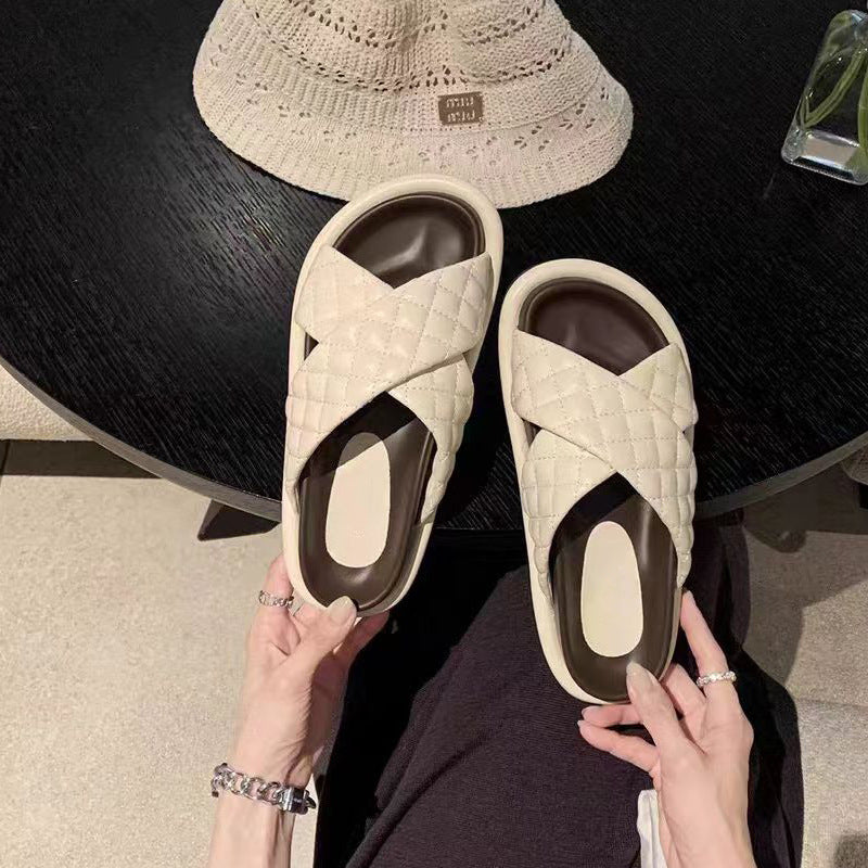 Women's Puff Soft Glutinous Rhombus Cross With Color Matching Slippers