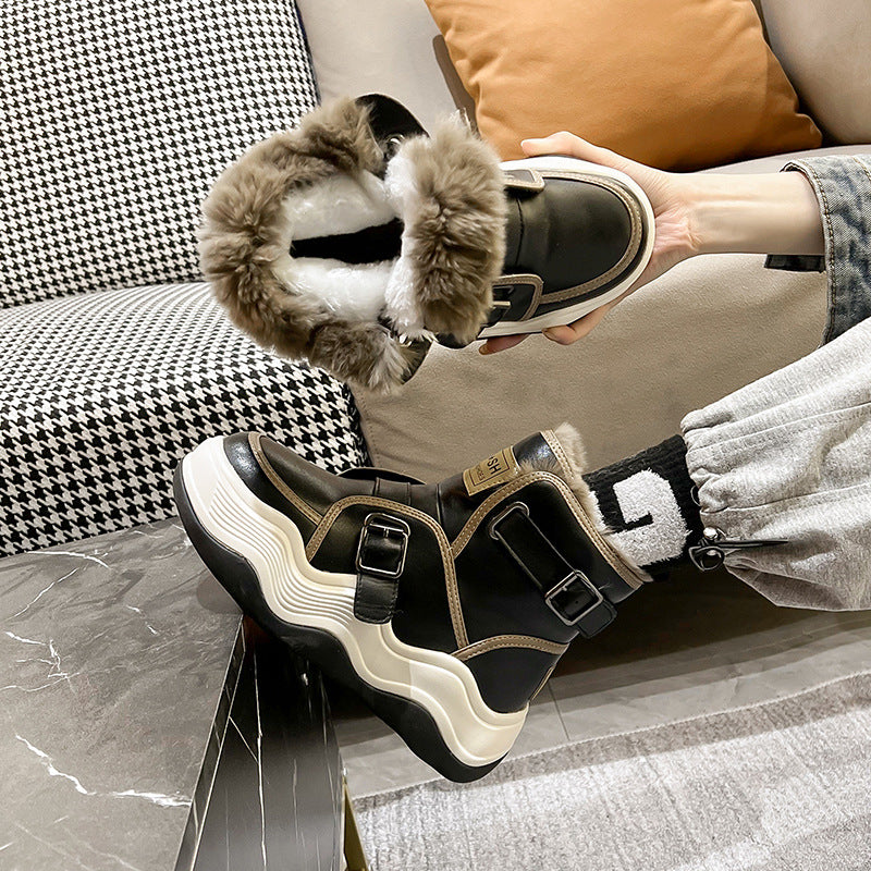 Women's Platform Winter Fleece-lined Cotton Belt Buckle Snow Boots