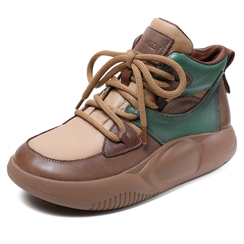 Women's Lace Color Block Thick-soled Mother Top Layer Cowhide Soft Snow Boots