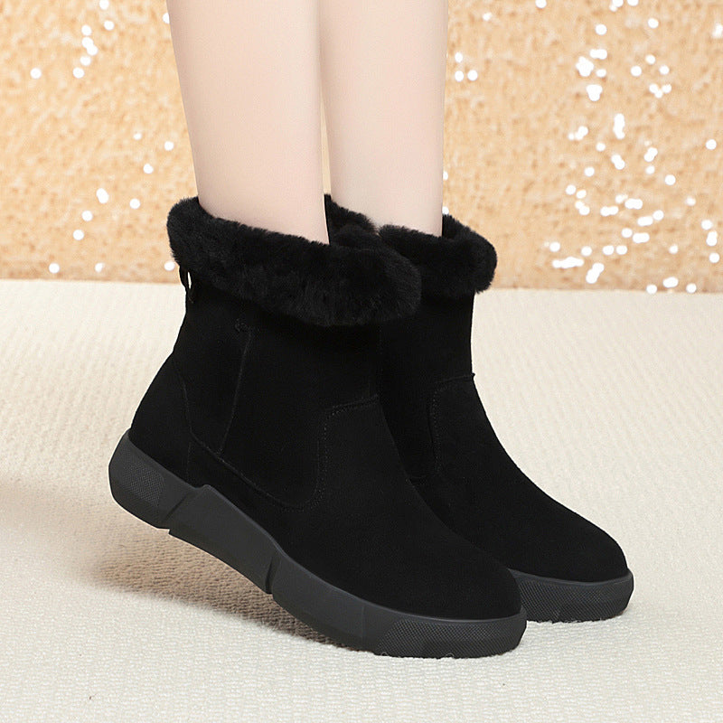 Women's Cattlehide Fashion Bootie Winter Fleece-lined Thickened Wool Women's Shoes
