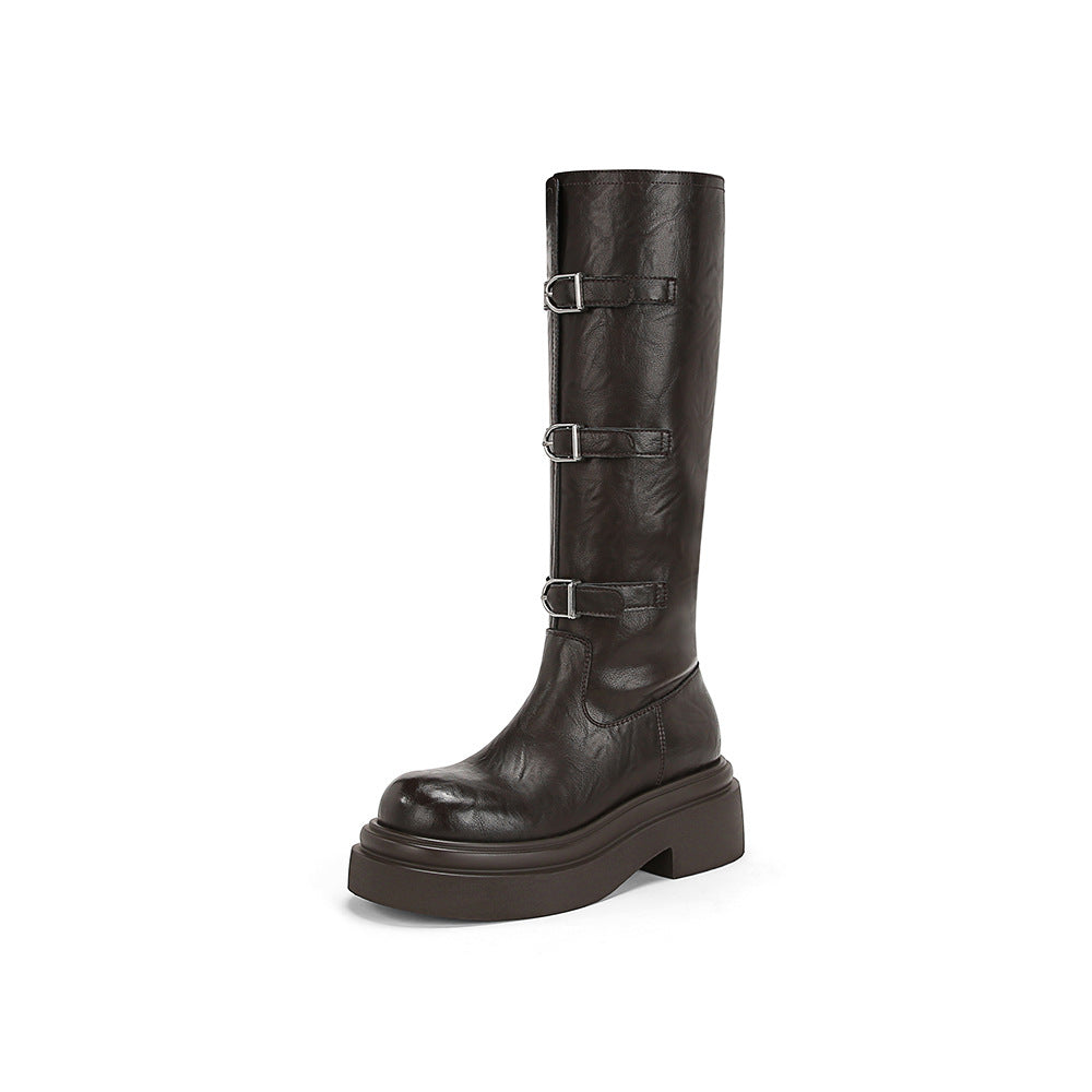 Women's Button Thick Bottom Motorcycle Tube Fleece Boots