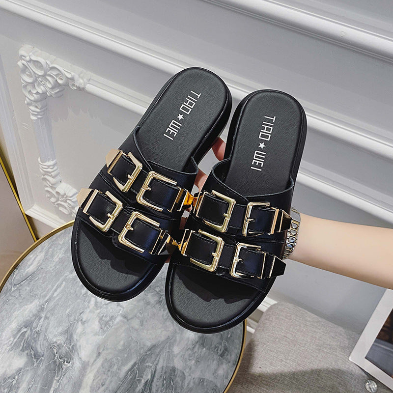 Summer First Layer Cowhide Double Buckle Half Height Slippers