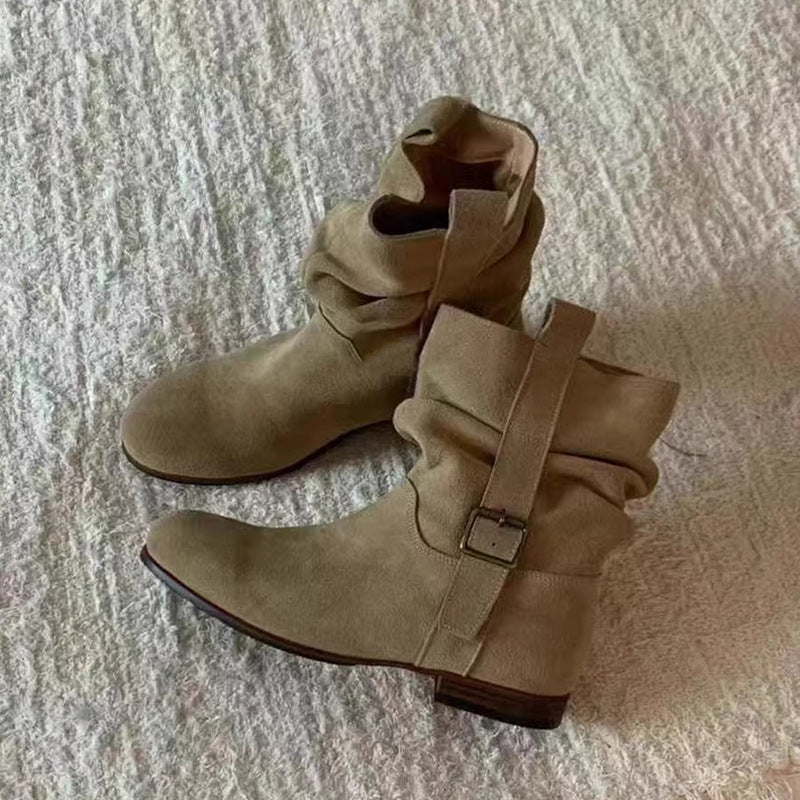 Women's Fashion Retro Round Head Chunky High-grade Ankle Women's Leather Boots
