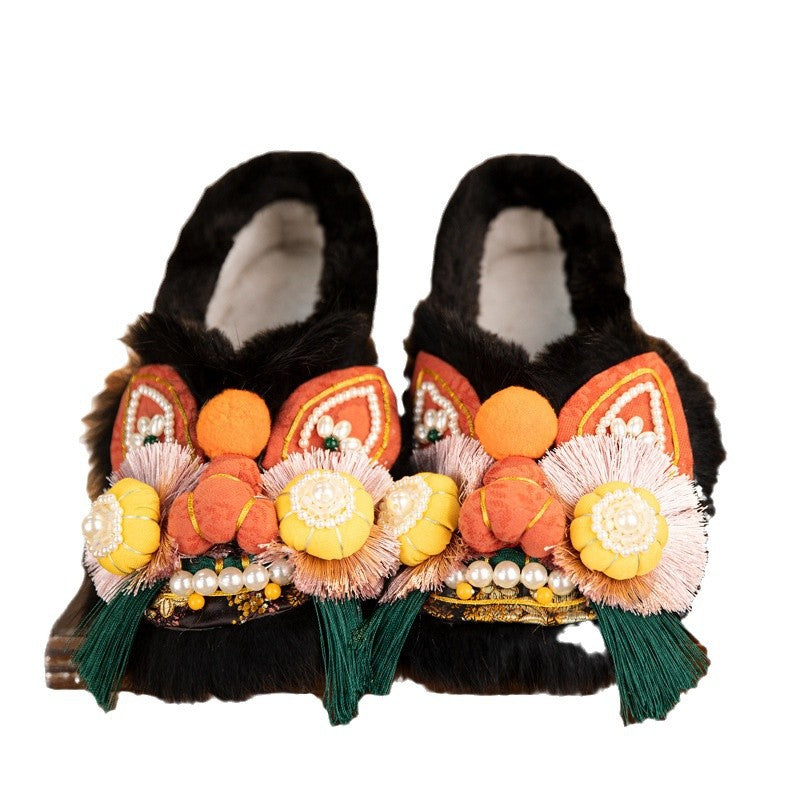 Tiger Head Simulation Rabbit Fur Flat Women's Shoes