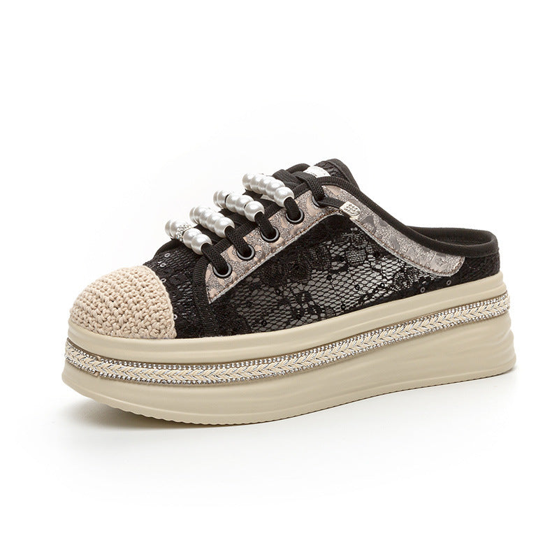 Women's Closed Toe Half Summer Wear Lace Mesh Breathable Thick Slippers