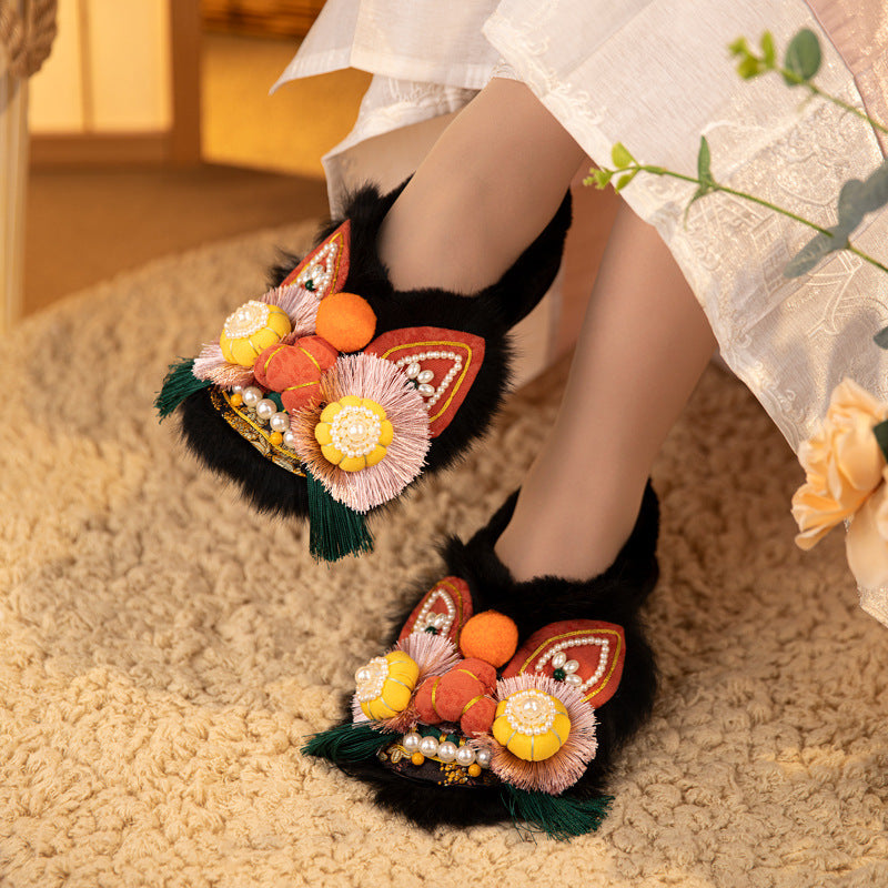 Tiger Head Simulation Rabbit Fur Flat Women's Shoes