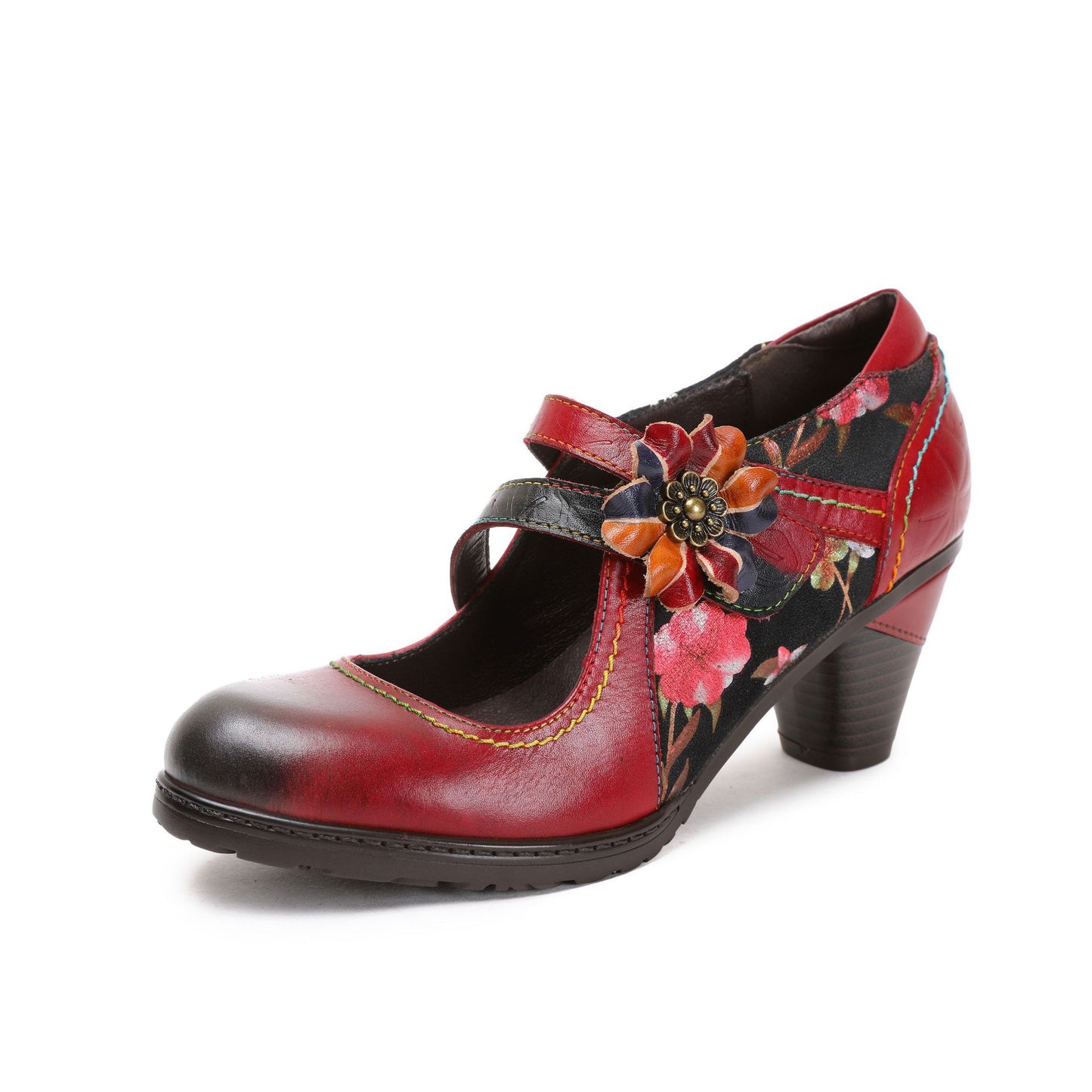 Women's First Layer Cowhide Retro Flower Red High Women's Shoes