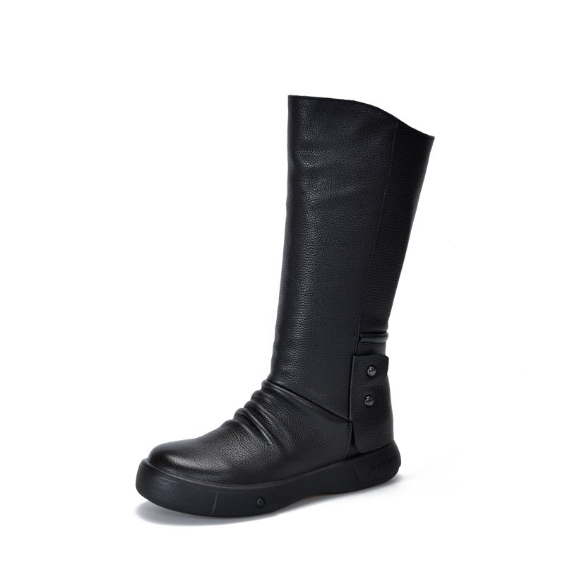 Women's Layer Cowhide Platform Knee-high Lace Up Boots