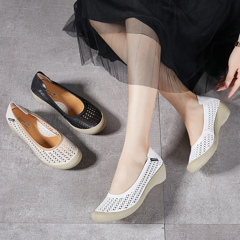 Women's Cowhide Hollow Round Toe Wedge Height Casual Shoes
