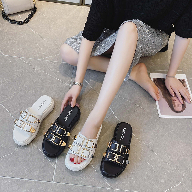 Summer First Layer Cowhide Double Buckle Half Height Slippers