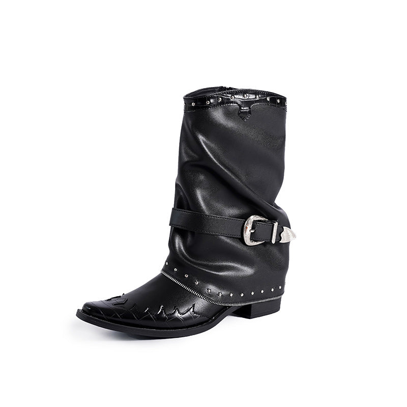 Pointed Toe Chunky Martin Rivet Chain Boots