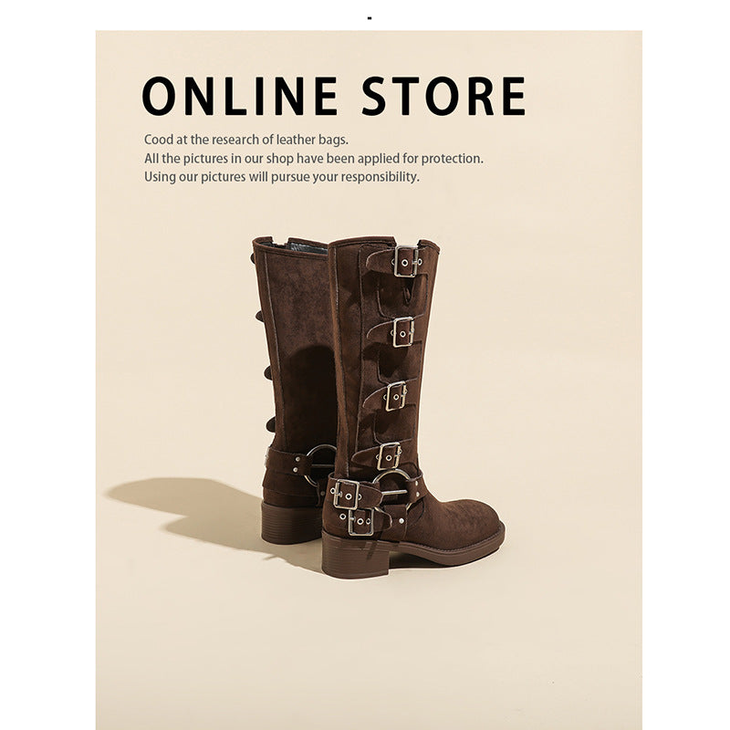 Suede Cow Vintage Knight Belt Buckle High Below The Boots