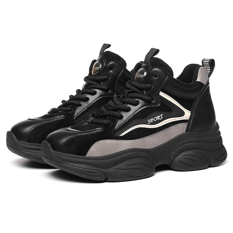 Women's Plus Size Fleece-lined Black Thick-soled Daddy Sneakers