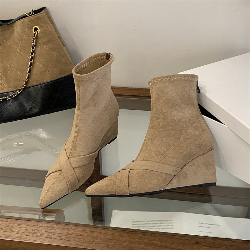 Women's Wedge Short Pointed High Suede Back Heels