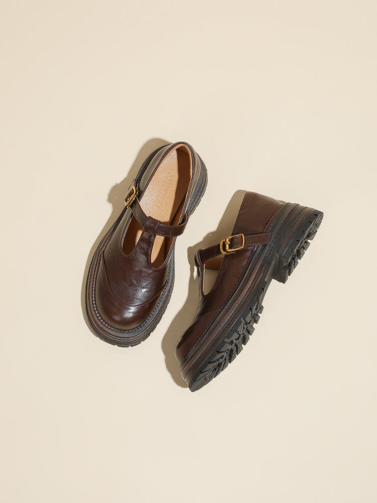 Women's Platform Vintage Mary Jane British Style Round Toe Leather Shoes