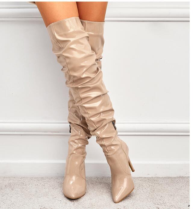 Stretch Autumn Patent Thigh Black Zipper Boots