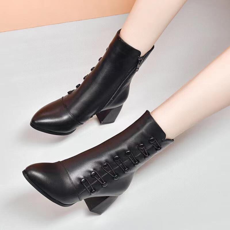 Women's High Chunky Stiletto Real With Fleece Lining Fashion Side Women's Shoes