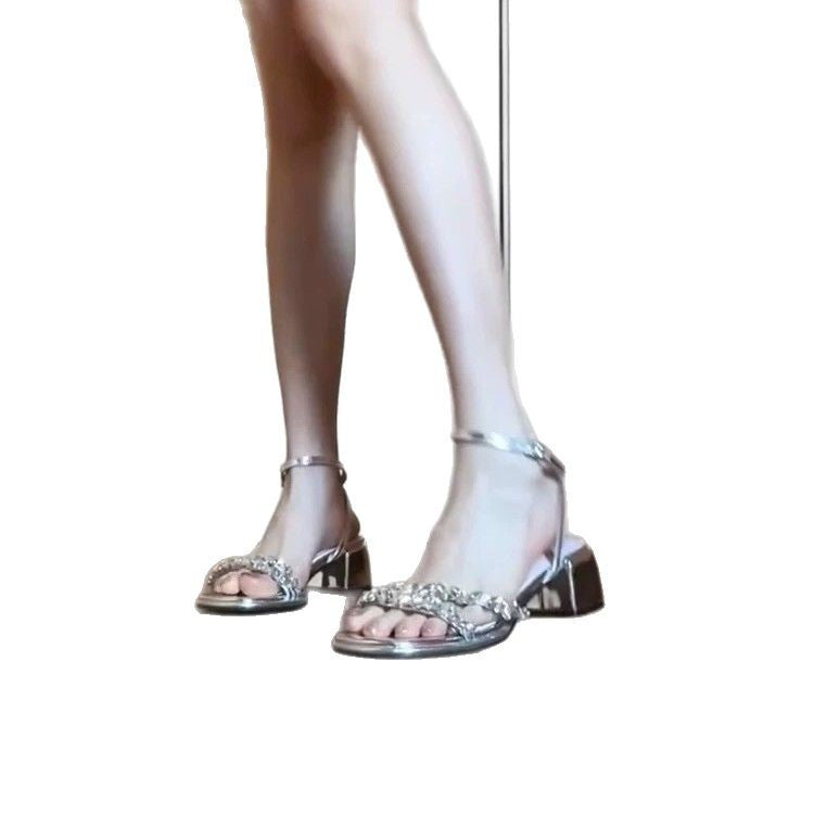 Women's Rhinestone With Chunky Platform Height Summer Toe High Heeled Sandals