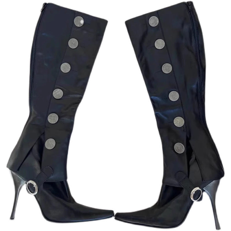 Detachable Two-way Retro Coin Long Female Below The Knee Pointed Women's Leather Boots